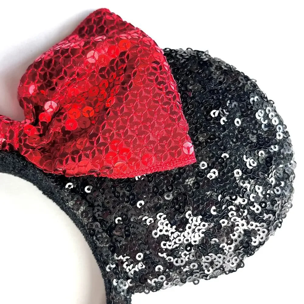Disney Parks Minnie Mouse Black Ears Red Bow Sequins Headband Sparkly Dressup